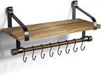 Floating Shelf Wall Shelf for Storage Rustic Wood Kitchen Spice Rack with Towel Bar and 8 Removable Hooks for Organize Cooking Utensils or Mugs Carbonized Black