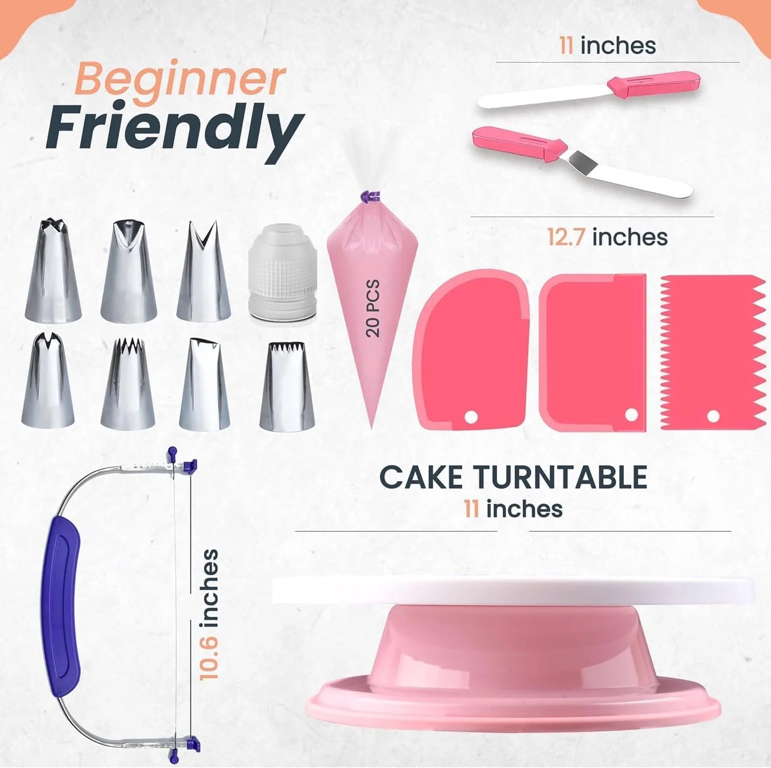 35Pcs Cake Turntable and Leveler-Rotating Cake Stand with Non Slip Pad-7 Icing Tips and 20 Bags- Straight & Offset Spatula-3 Scraper Set -Ebook-Cake Decorating Supplies Kit -Baking Tools