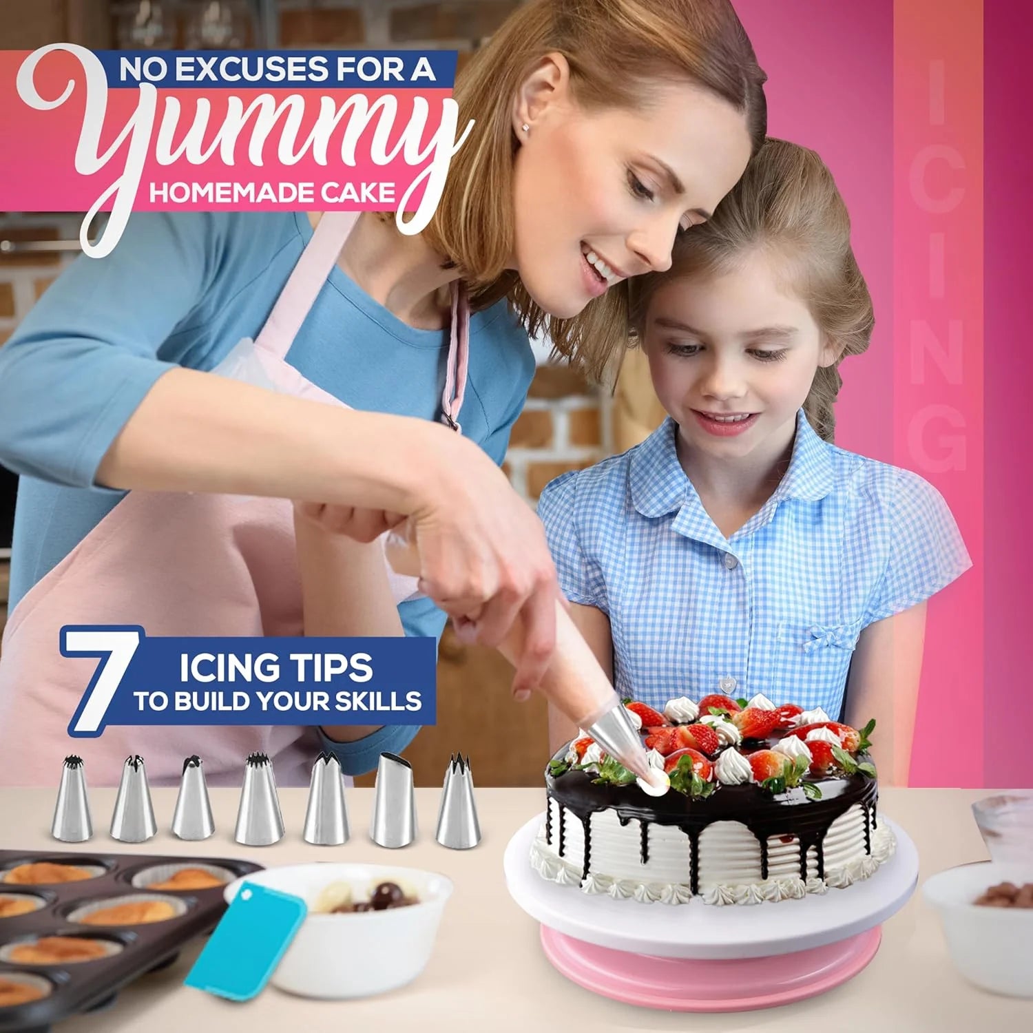 35Pcs Cake Turntable and Leveler-Rotating Cake Stand with Non Slip Pad-7 Icing Tips and 20 Bags- Straight & Offset Spatula-3 Scraper Set -Ebook-Cake Decorating Supplies Kit -Baking Tools