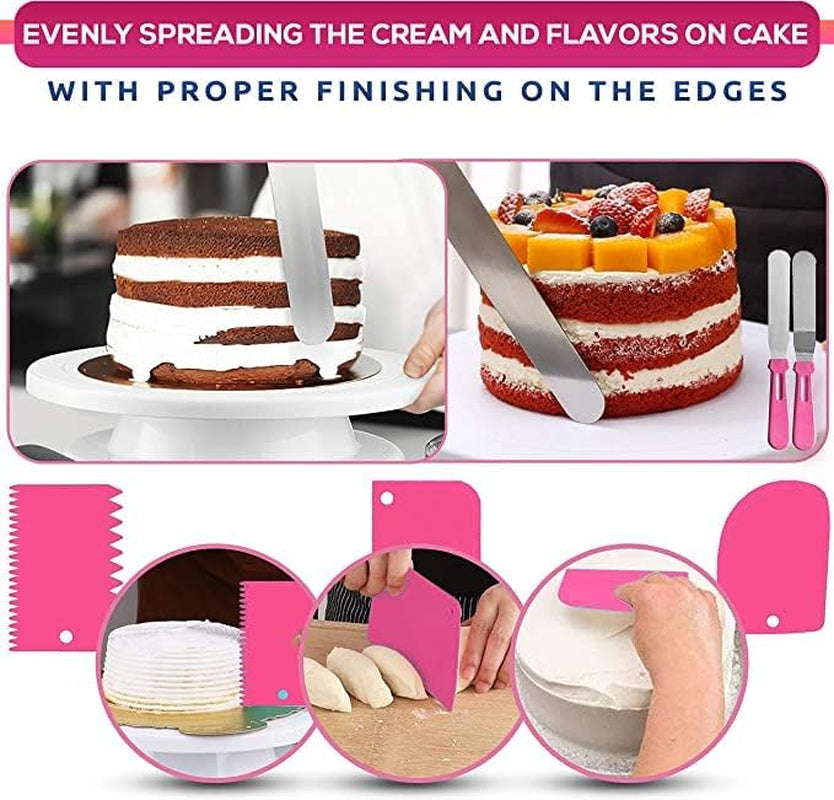 35Pcs Cake Turntable and Leveler-Rotating Cake Stand with Non Slip Pad-7 Icing Tips and 20 Bags- Straight & Offset Spatula-3 Scraper Set -Ebook-Cake Decorating Supplies Kit -Baking Tools