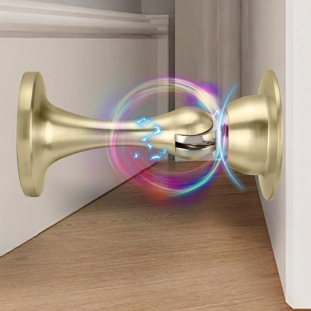 Magnetic Door Stopper, Strong Magnetic Door Holder Keep Door Open, Zinc Alloy Door Catch for Wall & Floor Mounting, No Drilling Door Stop with Adhesive (1 Pack Brushed Gold)