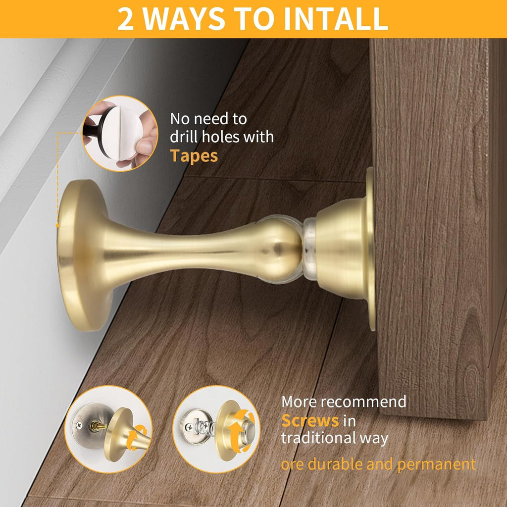 Magnetic Door Stopper, Strong Magnetic Door Holder Keep Door Open, Zinc Alloy Door Catch for Wall & Floor Mounting, No Drilling Door Stop with Adhesive (1 Pack Brushed Gold)