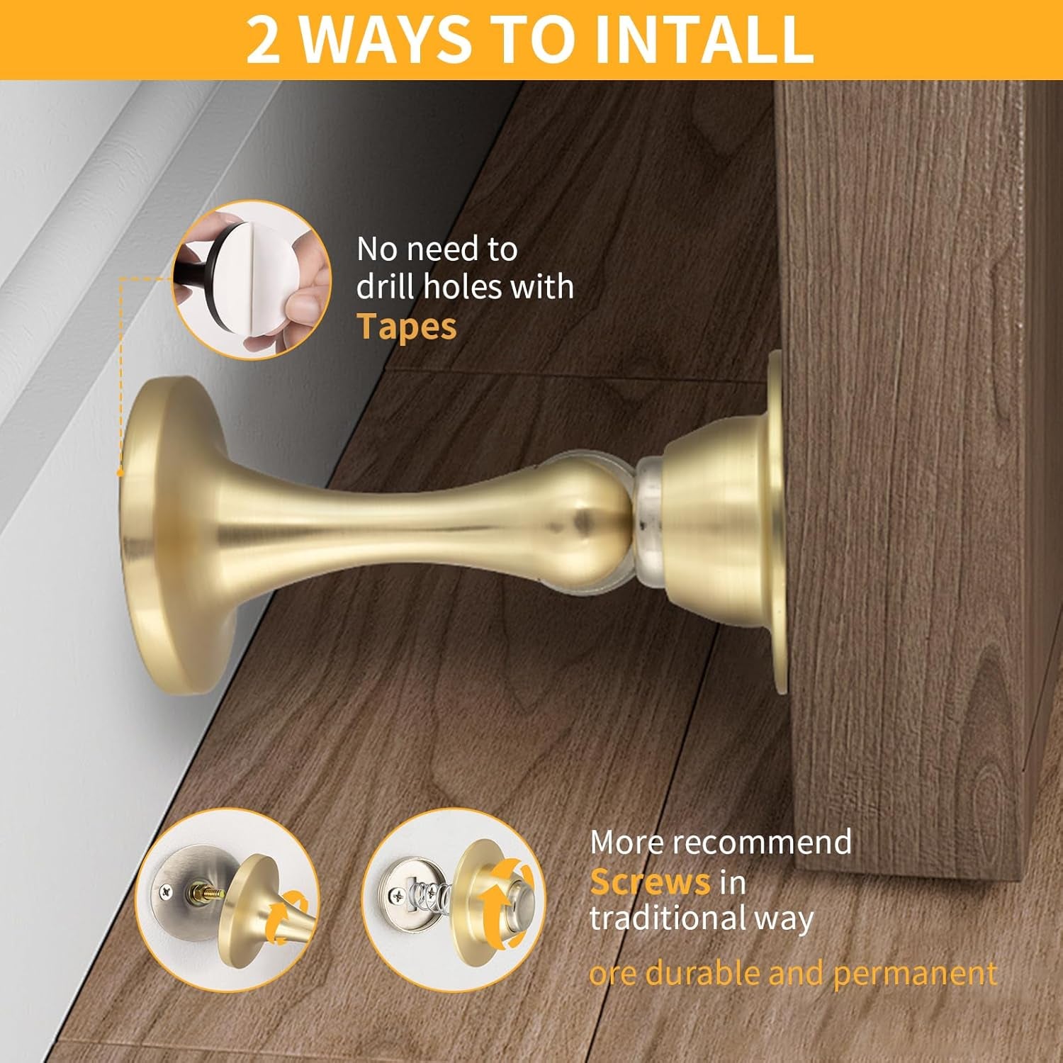 Magnetic Door Stopper, Strong Magnetic Door Holder Keep Door Open, Zinc Alloy Door Catch for Wall & Floor Mounting, No Drilling Door Stop with Adhesive (1 Pack Brushed Gold)