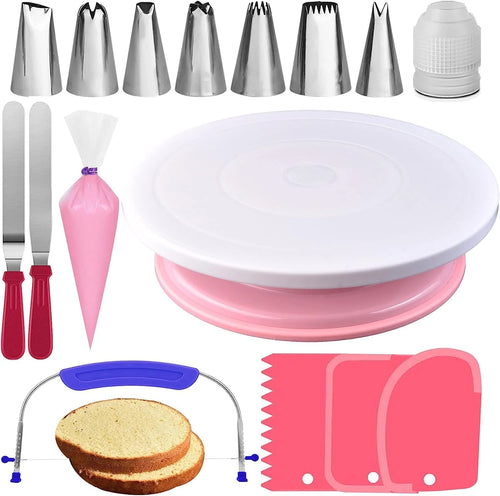 35Pcs Cake Turntable and Leveler-Rotating Cake Stand with Non Slip Pad-7 Icing Tips and 20 Bags- Straight & Offset Spatula-3 Scraper Set -Ebook-Cake Decorating Supplies Kit -Baking Tools