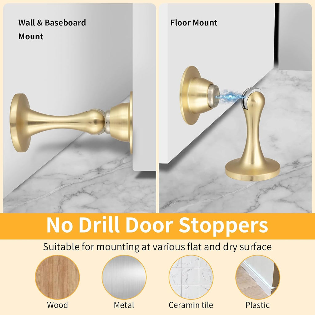 Magnetic Door Stopper, Strong Magnetic Door Holder Keep Door Open, Zinc Alloy Door Catch for Wall & Floor Mounting, No Drilling Door Stop with Adhesive (1 Pack Brushed Gold)